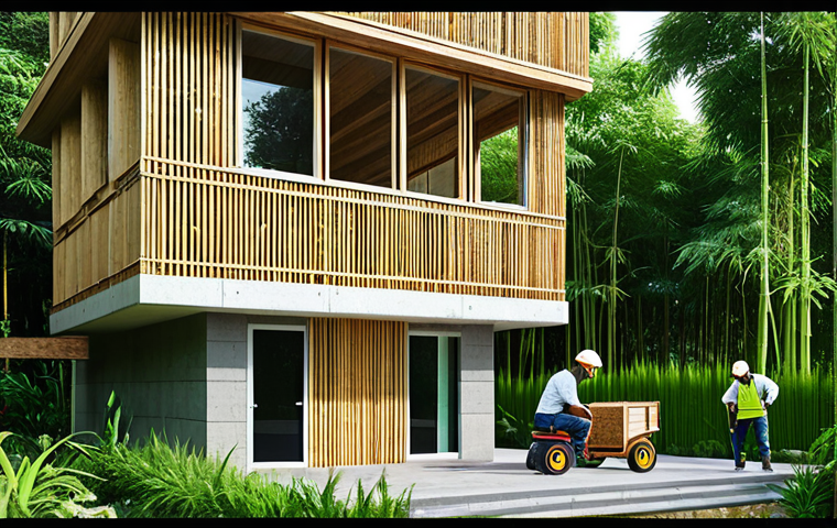 Sustainable Building Materials**
"Modern building showcasing bamboo construction and hemp insulation, fully clothed construction workers in appropriate attire, exterior shot, bright daylight, surrounded by lush greenery, safe for work, professional architecture photography, perfect anatomy, correct proportions, natural pose, family-friendly."
**