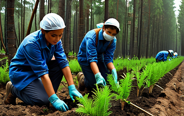 Reforestation Scene**
"A group of volunteers, fully clothed in modest work attire, planting saplings in a deforested area, demonstrating reforestation efforts, safe for work, appropriate content, professional environmentalism, perfect anatomy, natural proportions, well-formed hands, realistic lighting, daytime scene."
**