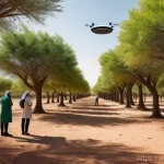 자연 기반 기후 솔루션과 기술의 융합 - **Prompt:** A serene, panoramic view of a vast, arid landscape transforming into a lush, green fores...