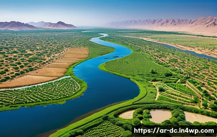 자연 기반 기후 솔루션의 평가 기준 - A detailed aerial view of a lush reforested valley in the Nile region, showcasing diverse native tre...