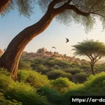 기후 변화 대응을 위한 생태계 서비스 활용 - A vibrant, detailed scene of a lush Middle Eastern forest at dawn, with native trees and plants thri...