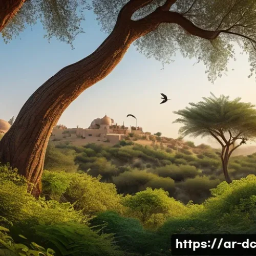 기후 변화 대응을 위한 생태계 서비스 활용 - A vibrant, detailed scene of a lush Middle Eastern forest at dawn, with native trees and plants thri...