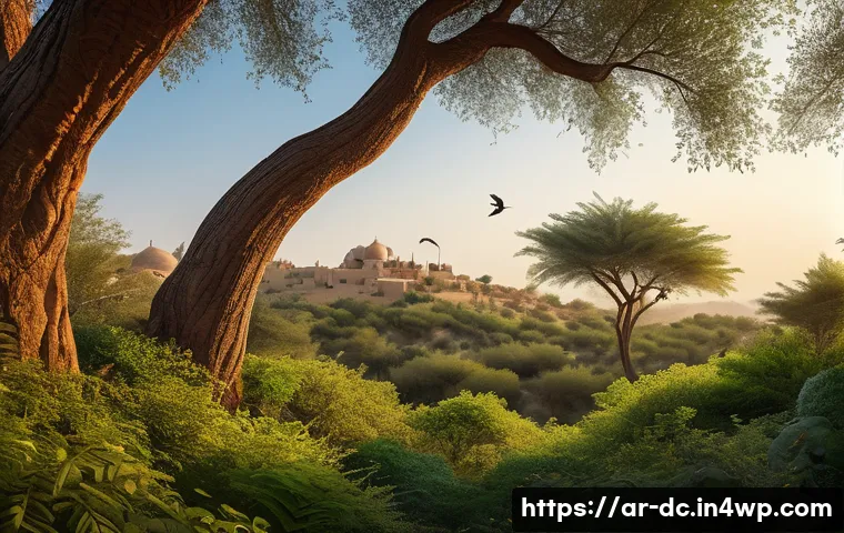 기후 변화 대응을 위한 생태계 서비스 활용 - A vibrant, detailed scene of a lush Middle Eastern forest at dawn, with native trees and plants thri...