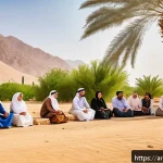 자연 기반 기후 솔루션의 법적 측면 - A detailed scene of a diverse group of Arab local community members, including men, women, and elder...