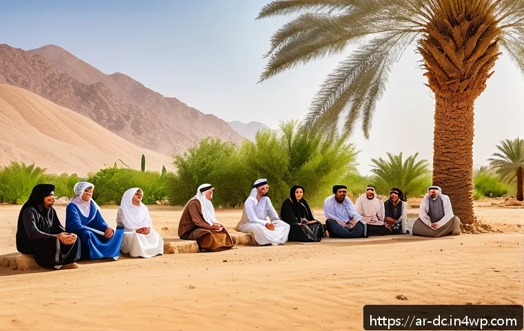 자연 기반 기후 솔루션의 법적 측면 - A detailed scene of a diverse group of Arab local community members, including men, women, and elder...