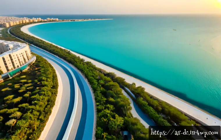 자연 기반 기후 솔루션의 현대적 접근 - Photorealistic aerial view of a modern coastal Arab city using nature-based climate solutions, resto...